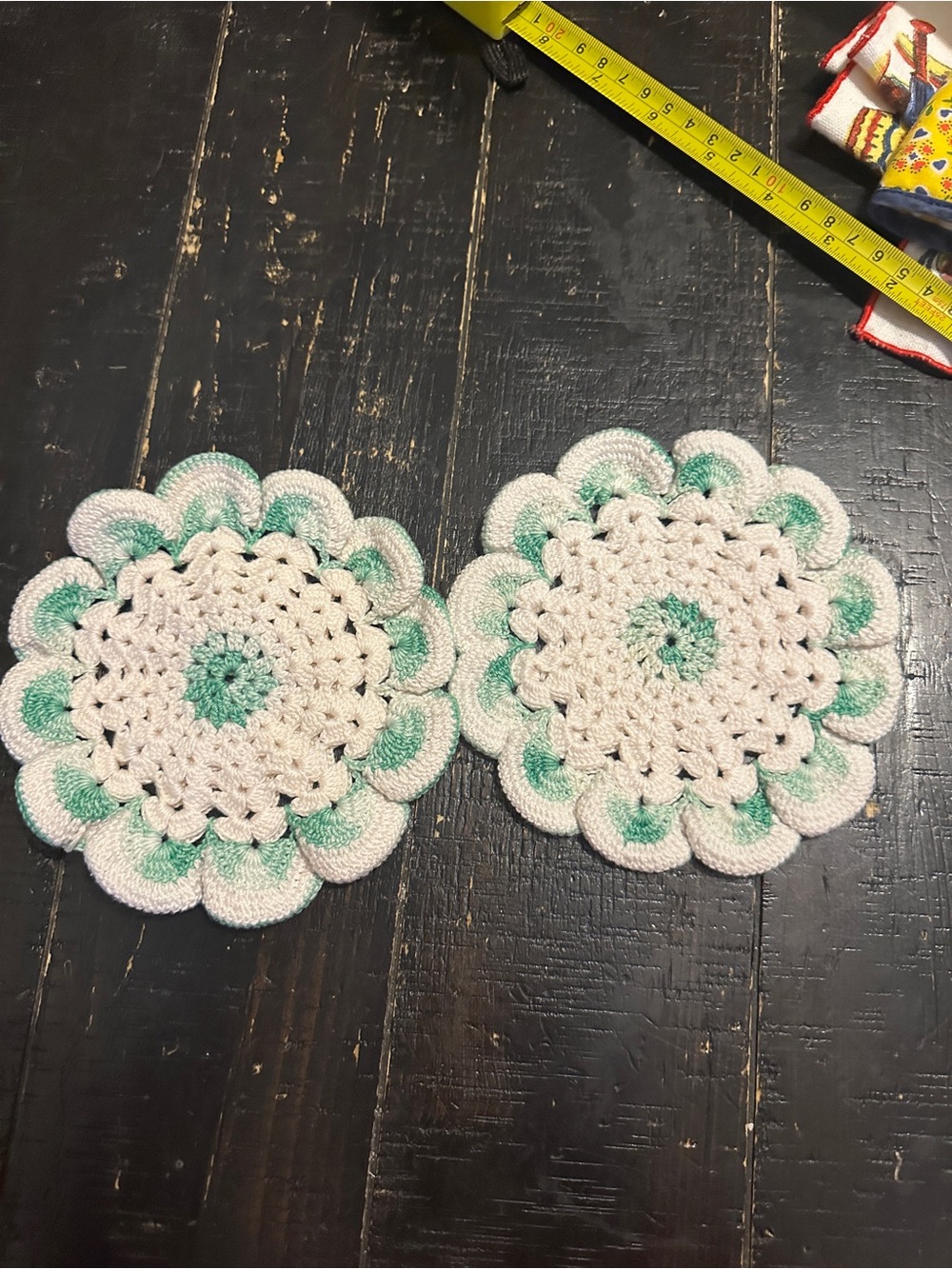 Handmade Crochet Flower Coasters - White and Mint Green (Pair)